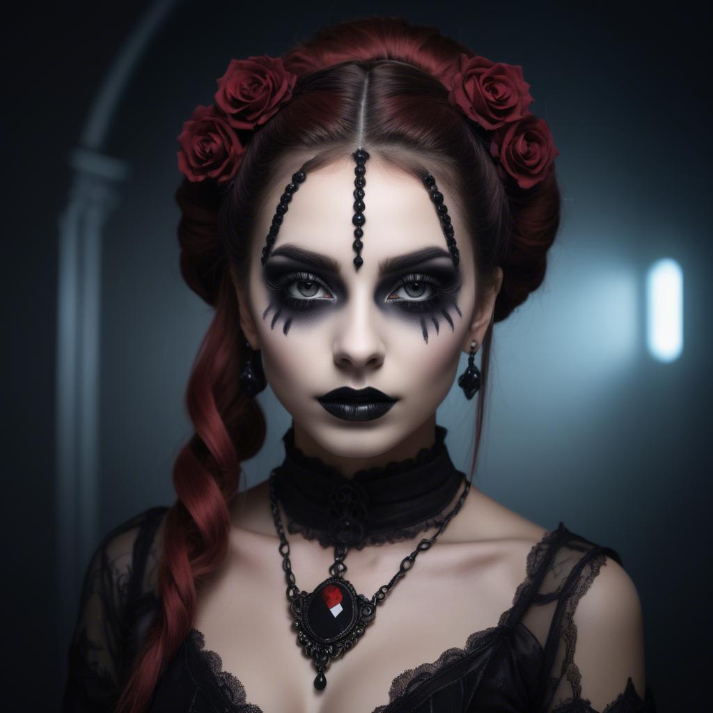 A stunning image of stunning girl with gothic makeup in a dark room.