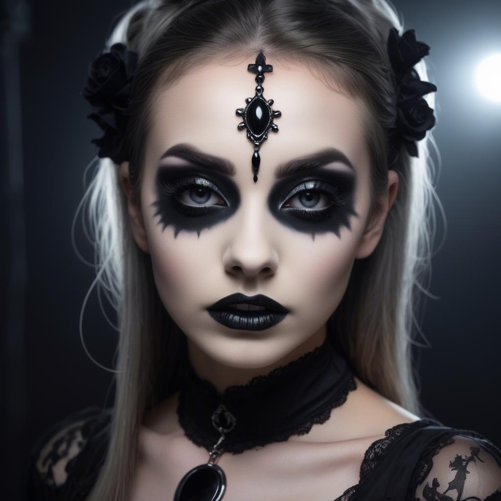 A stunning image of stunning girl with gothic makeup in a dark room.