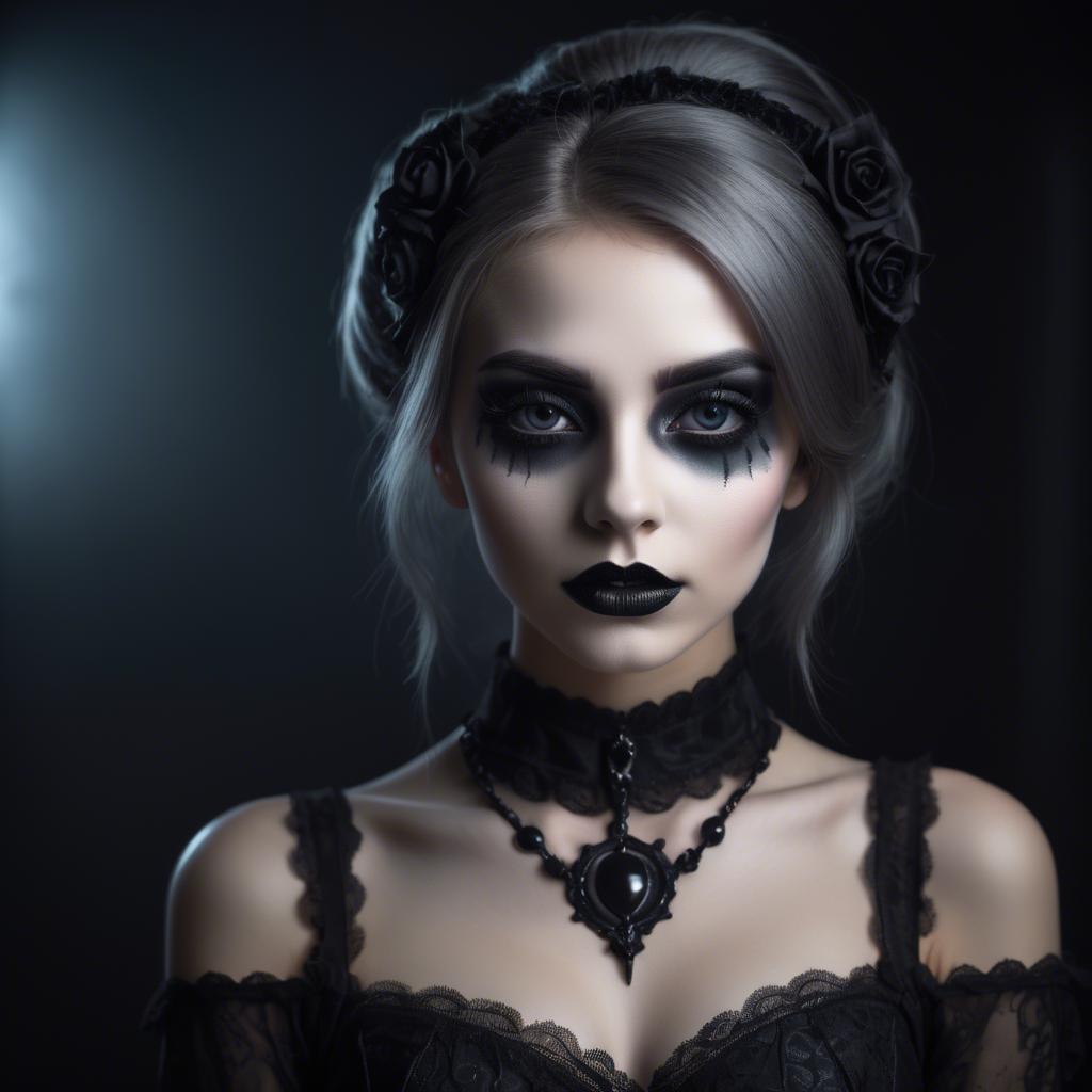 A stunning image of stunning girl with gothic makeup in a dark room.