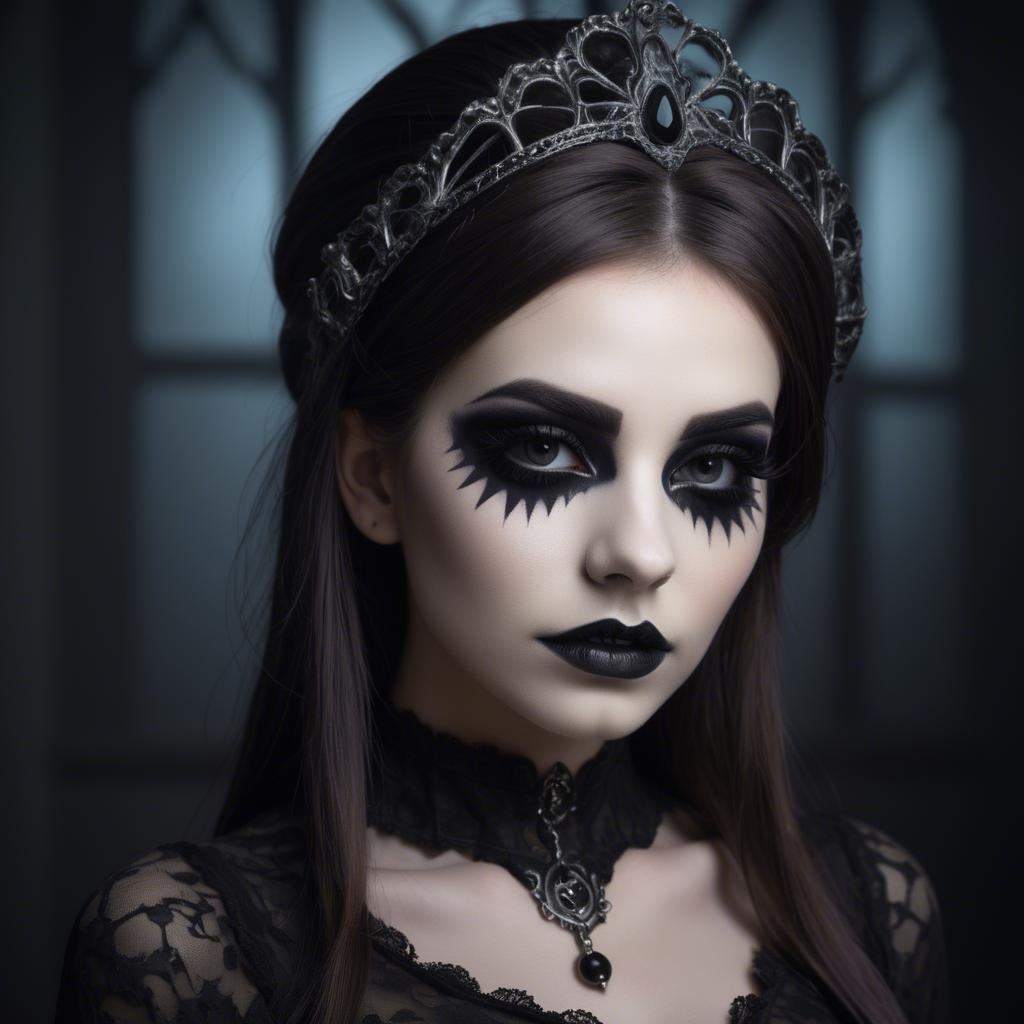 A stunning image of stunning girl with gothic makeup in a dark room.