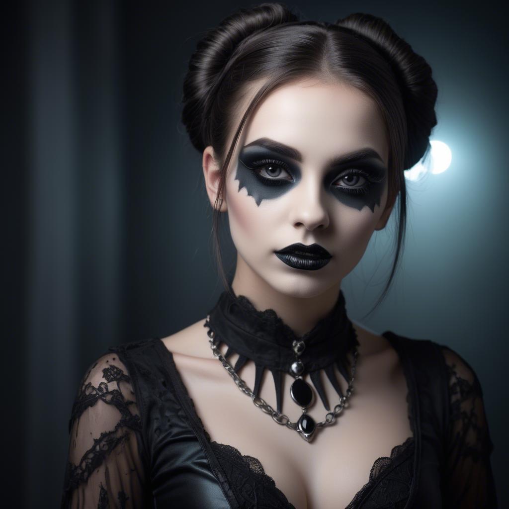 A stunning image of stunning girl with gothic makeup in a dark room.