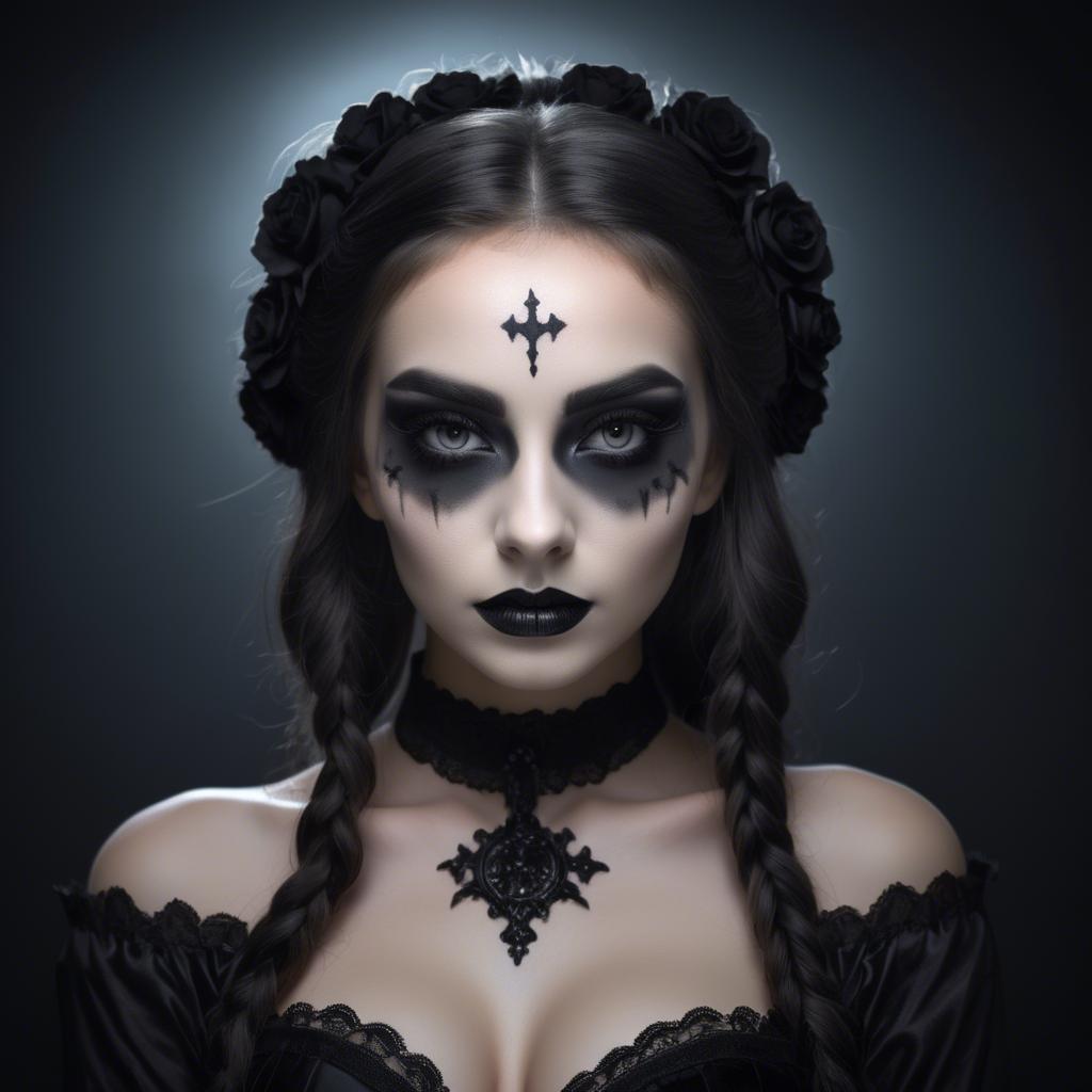 A stunning image of stunning girl with gothic makeup in a dark room.