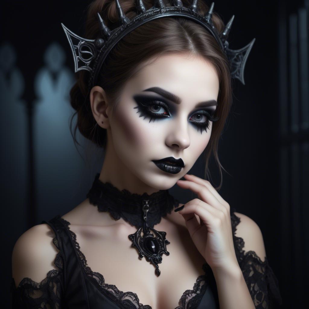 A stunning image of stunning girl with gothic makeup in a dark room.