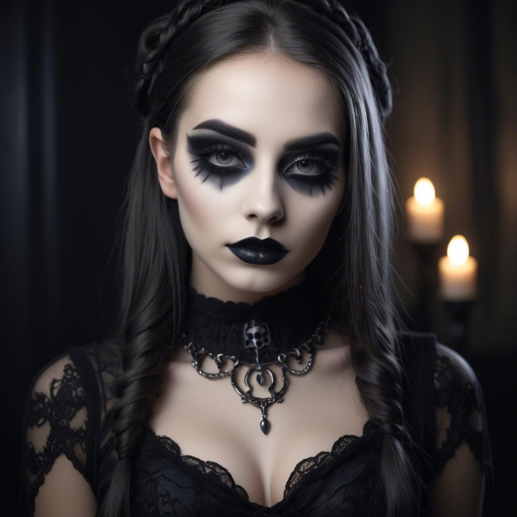 A stunning image of stunning girl with gothic makeup in a dark room.