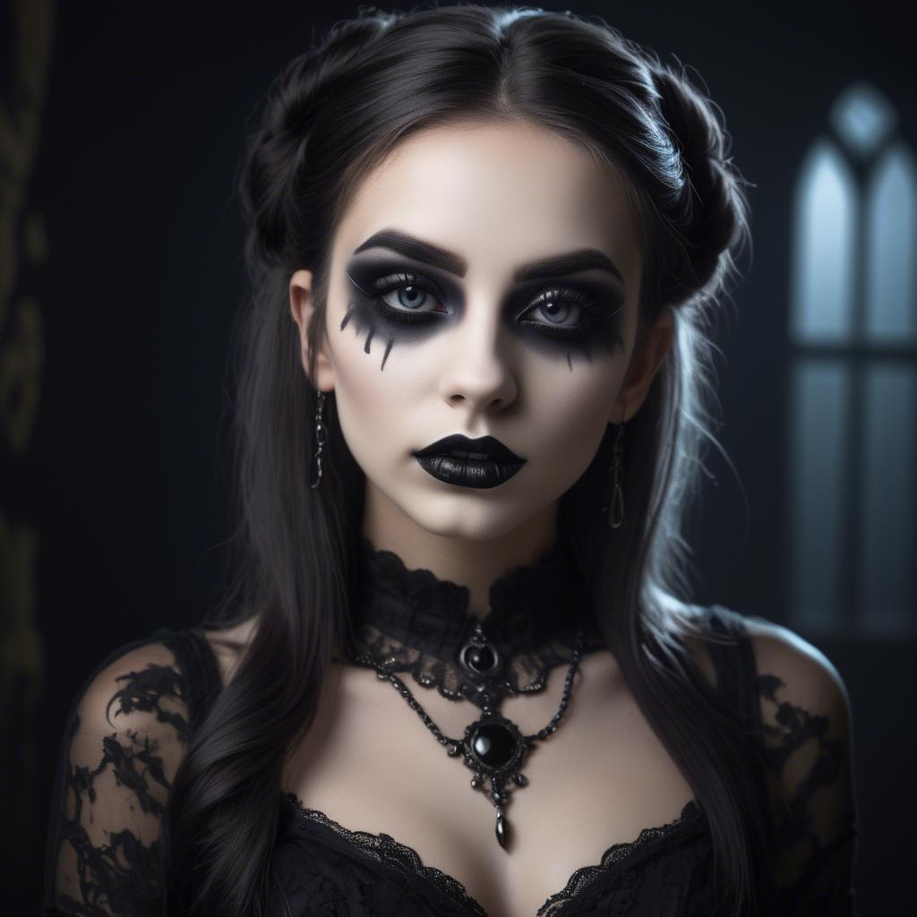 A stunning image of stunning girl with gothic makeup in a dark room.