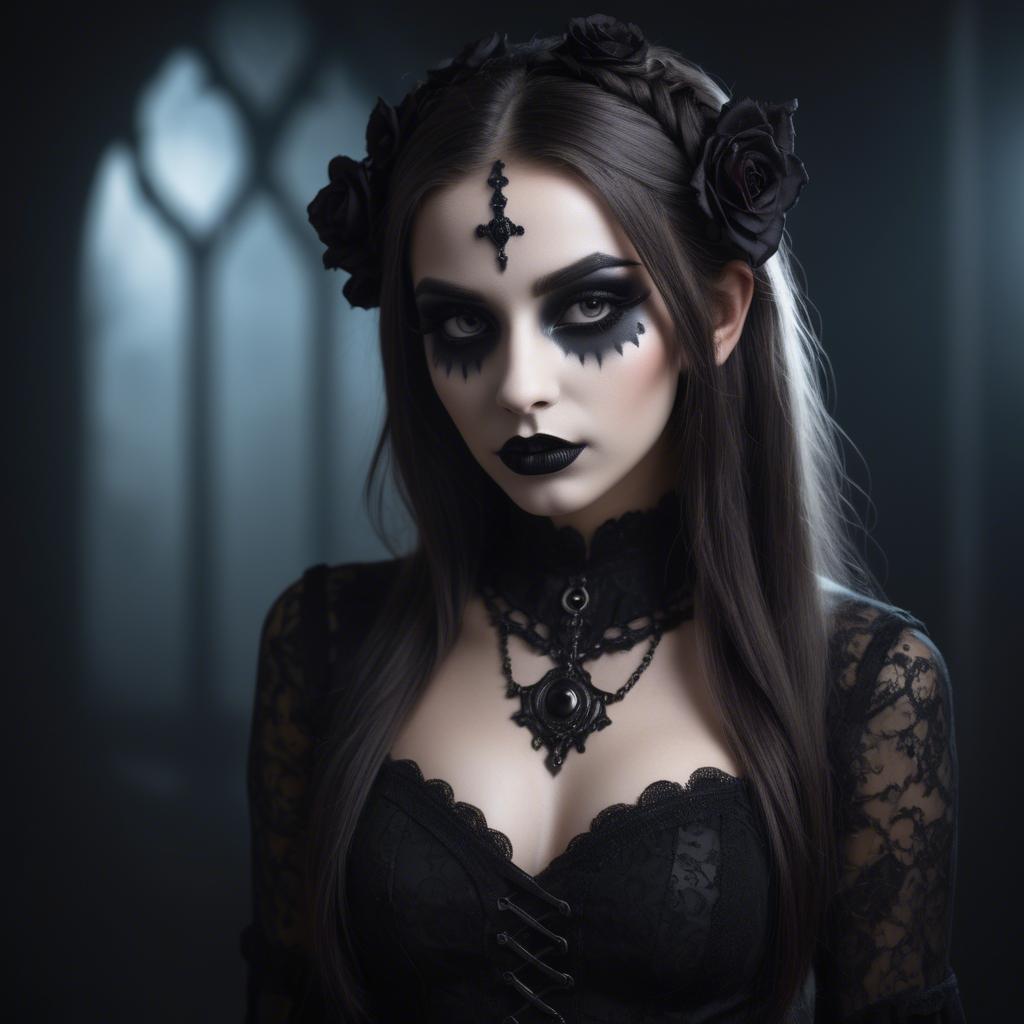 A stunning image of stunning girl with gothic makeup in a dark room.