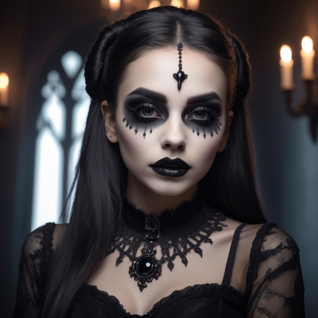 A stunning image of stunning girl with gothic makeup in a dark room.