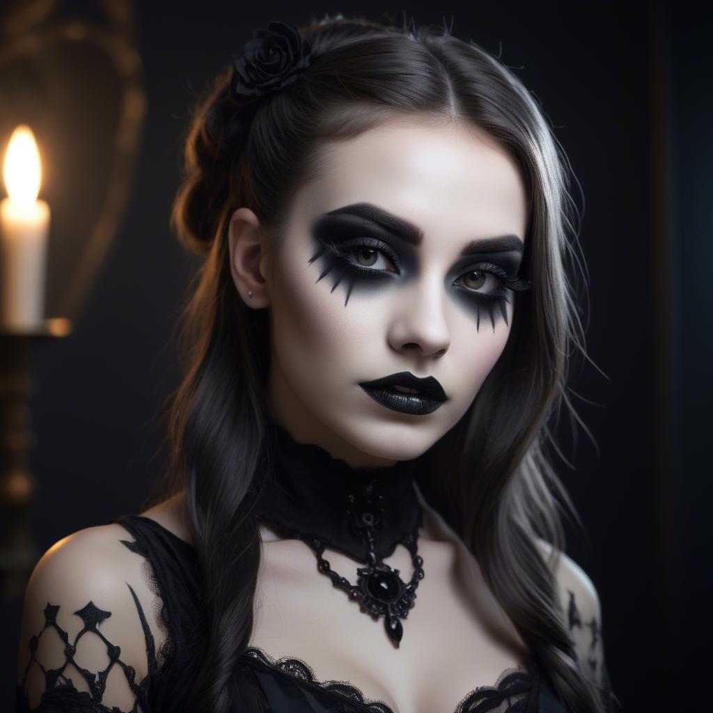 A stunning image of stunning girl with gothic makeup in a dark room.