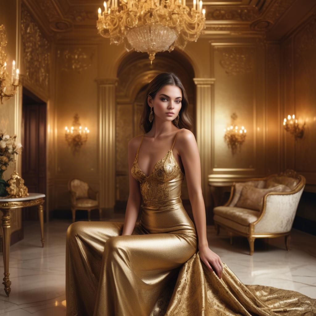 A stunning image of stunning model in a luxurious gold room.