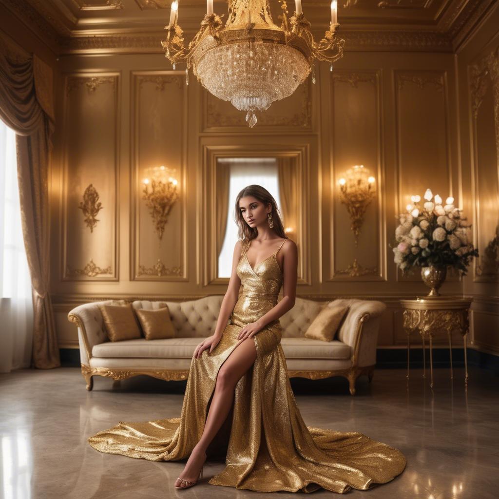 A stunning image of stunning model in a luxurious gold room.