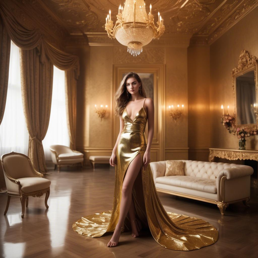 A stunning image of stunning model in a luxurious gold room.