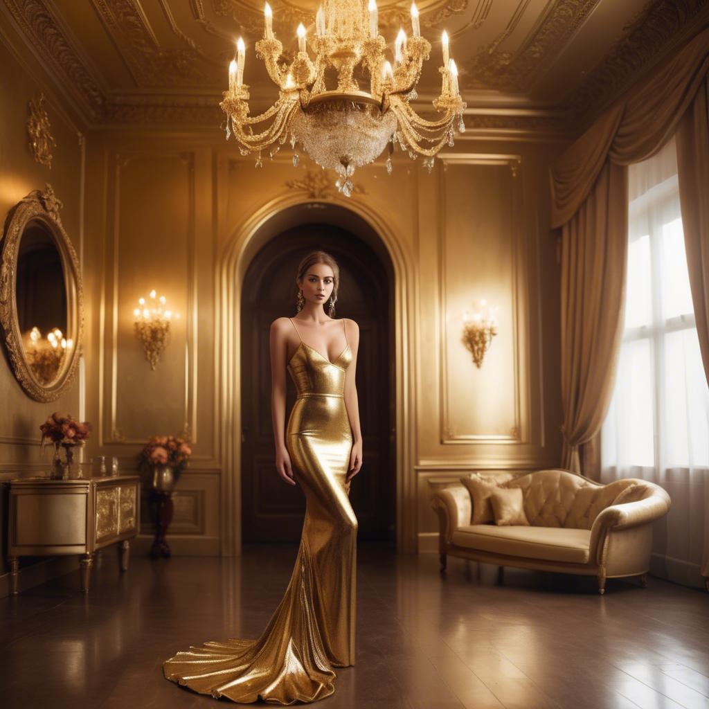 A stunning image of stunning model in a luxurious gold room.