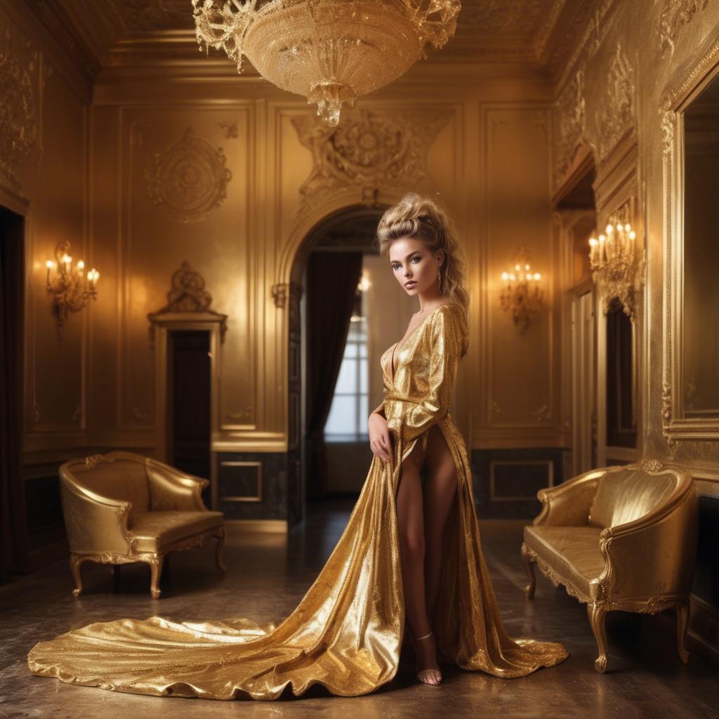 A stunning image of stunning model in a luxurious gold room.