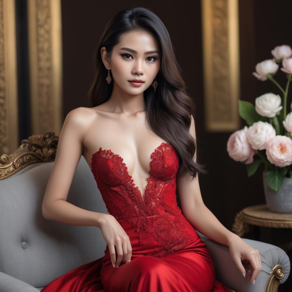 A stunning image of stunning thai model in a red gown.