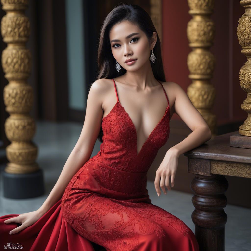 A stunning image of stunning thai model in a red gown.