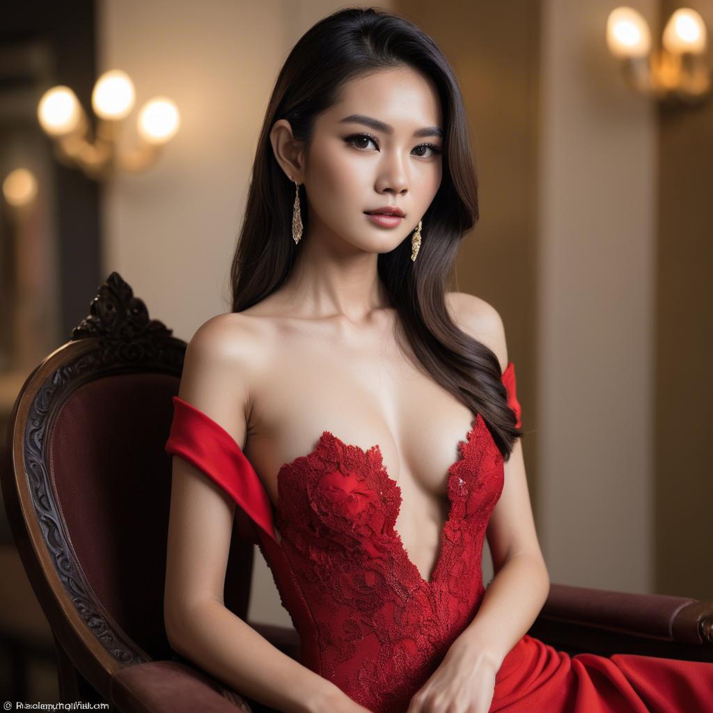 A stunning image of stunning thai model in a red gown.