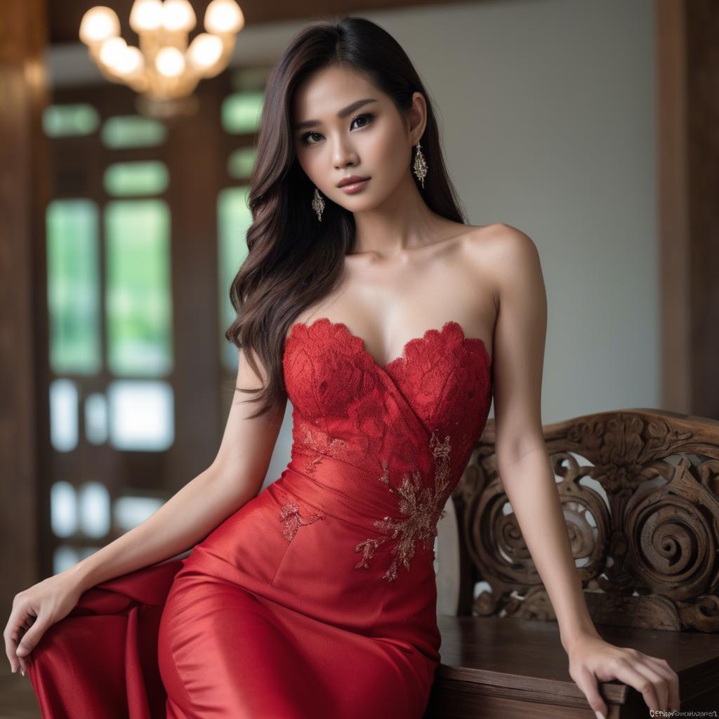 A stunning image of stunning thai model in a red gown.