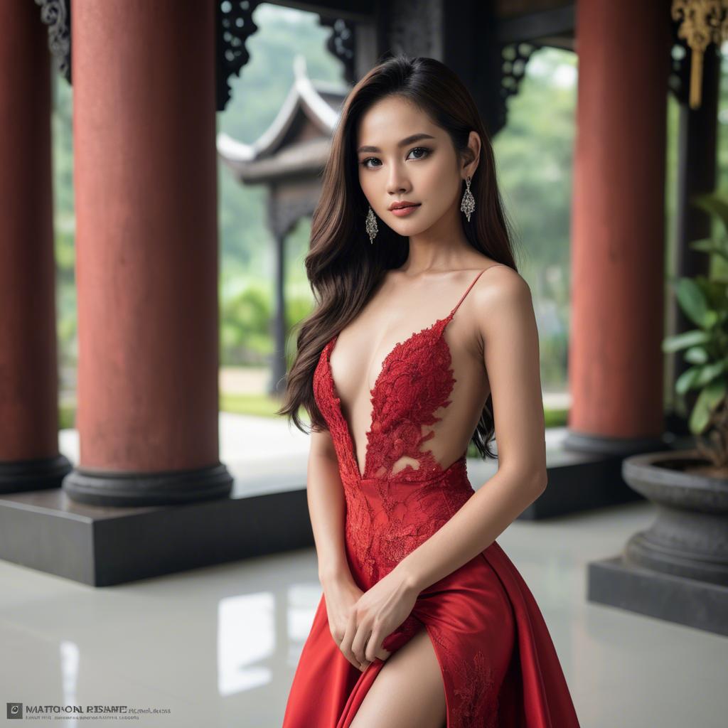 A stunning image of stunning thai model in a red gown.