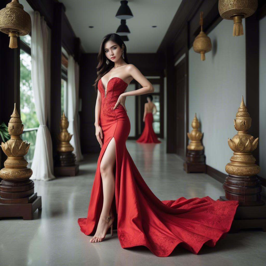 A stunning image of stunning thai model in a red gown.