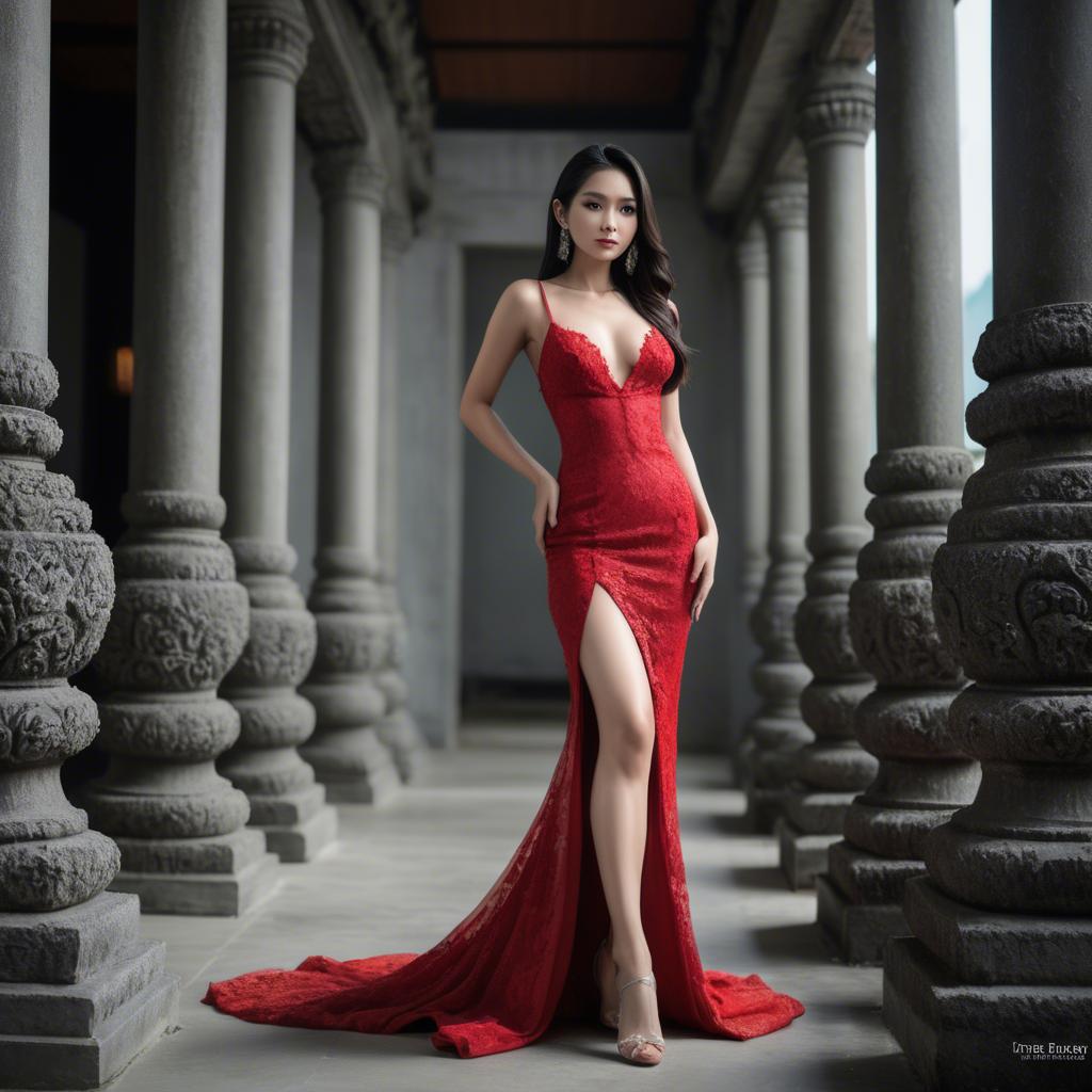 A stunning image of stunning thai model in a red gown.