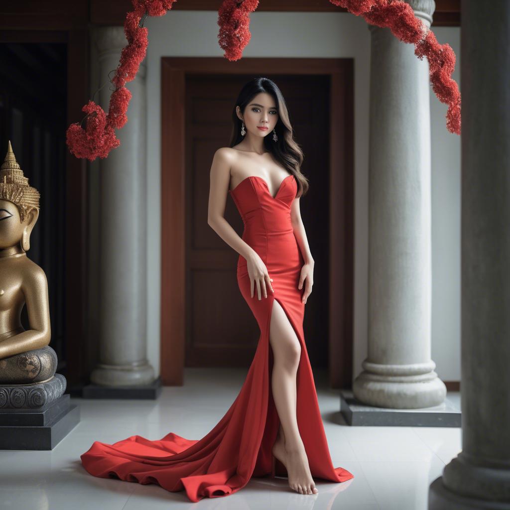 A stunning image of stunning thai model in a red gown.
