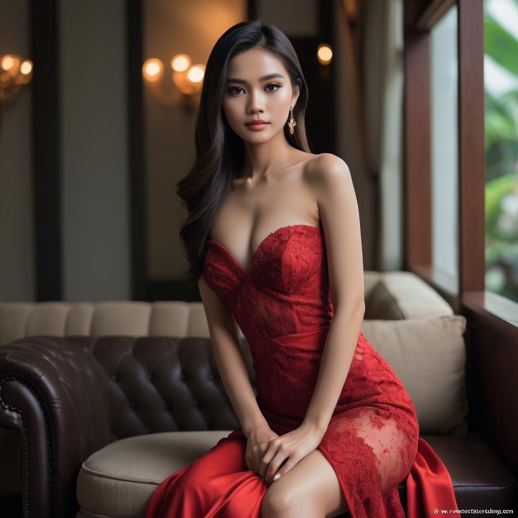A stunning image of stunning thai model in a red gown.