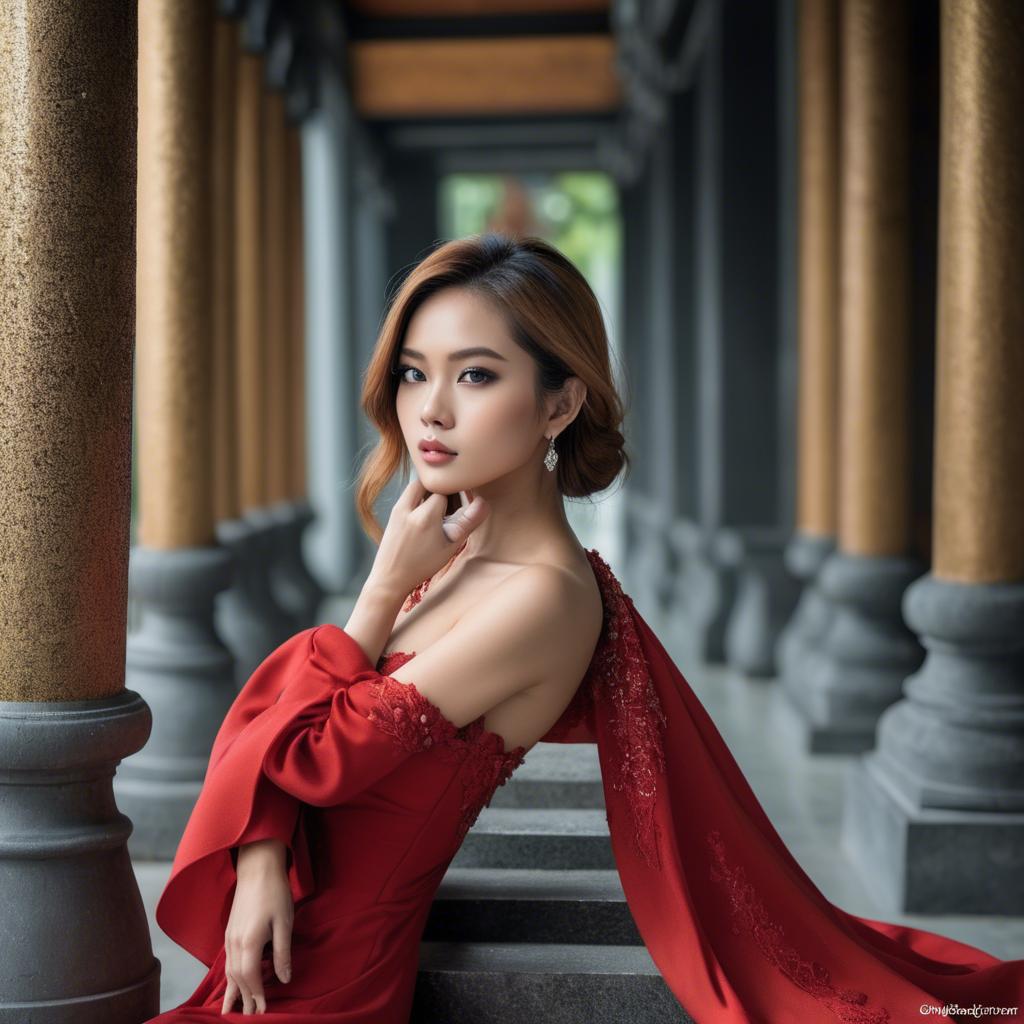 A stunning image of stunning thai model in a red gown.