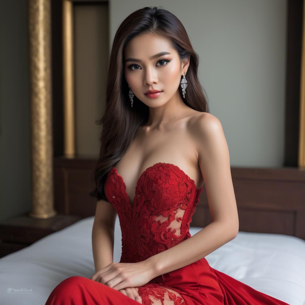 A stunning image of stunning thai model in a red gown.