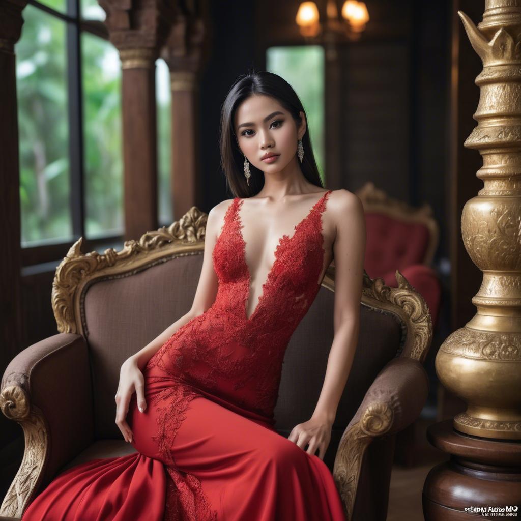 A stunning image of stunning thai model in a red gown.