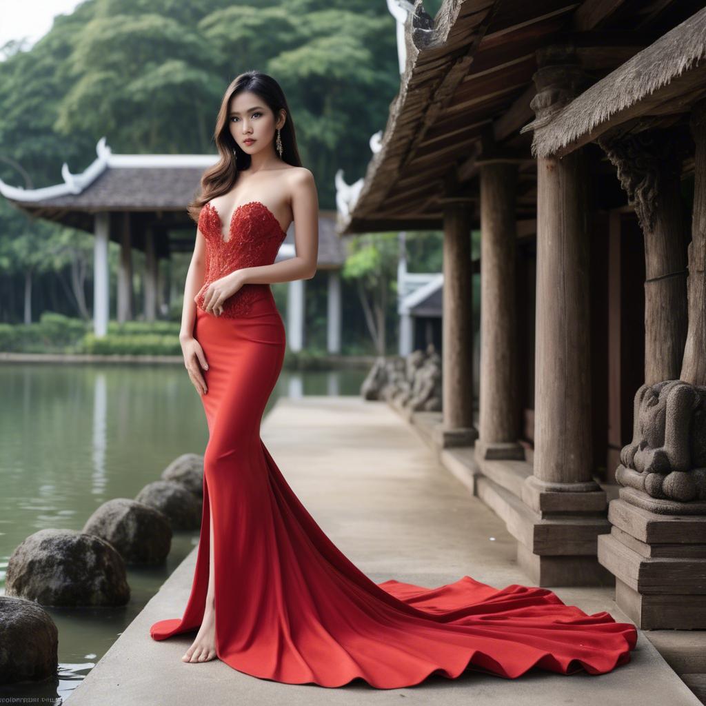 A stunning image of stunning thai model in a red gown.