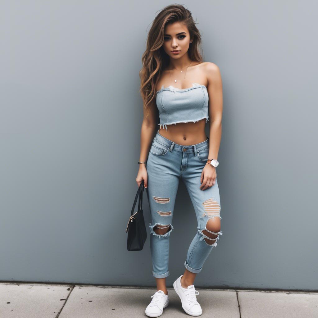 A stunning image of stylish girl in a crop top and ripped jeans.