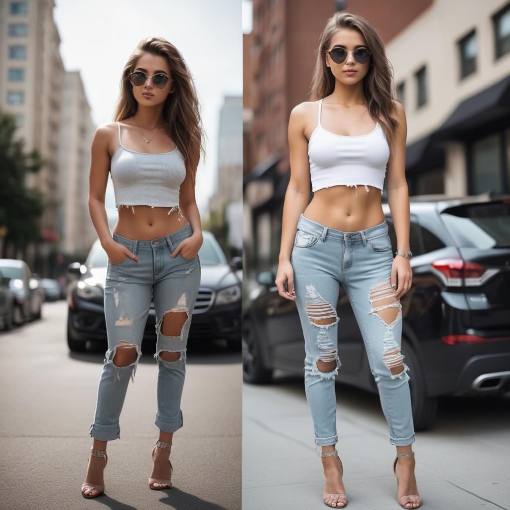 A stunning image of stylish girl in a crop top and ripped jeans.