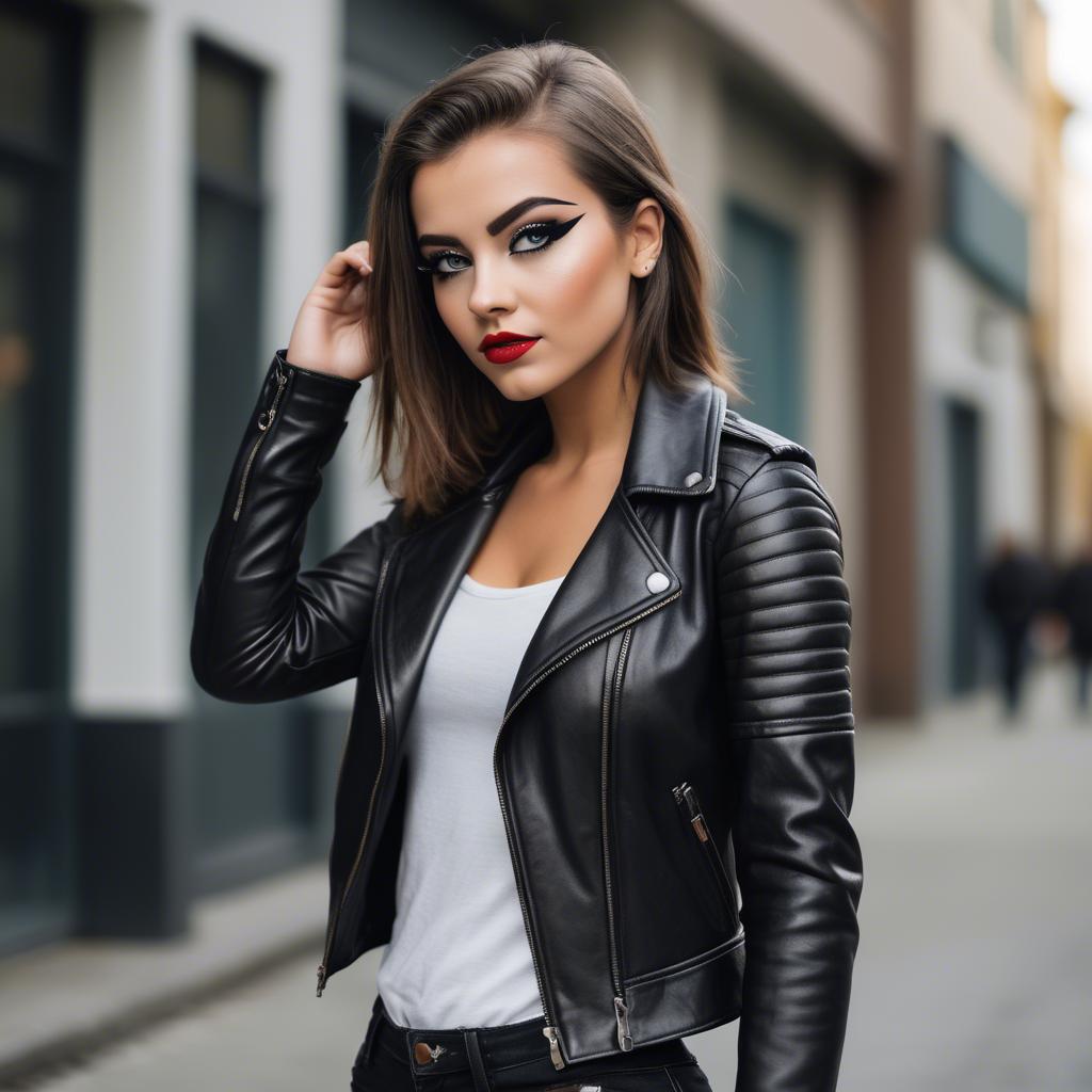 A stunning image of stylish girl in a leather jacket and bold eyeliner.