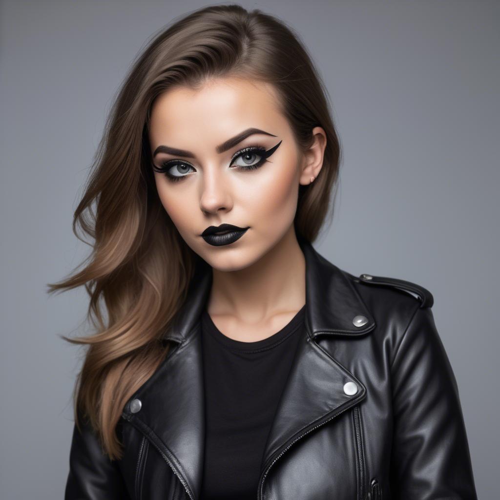 A stunning image of stylish girl in a leather jacket and bold eyeliner.