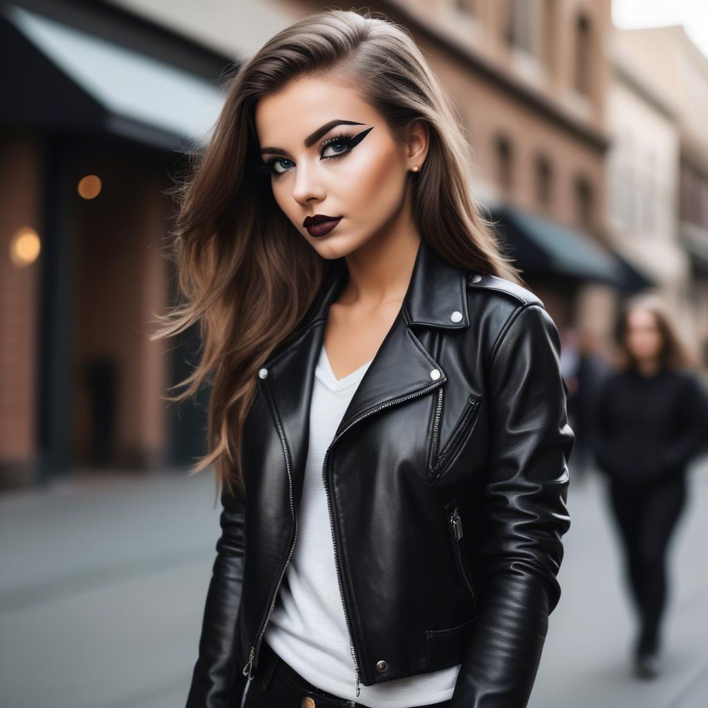 A stunning image of stylish girl in a leather jacket and bold eyeliner.