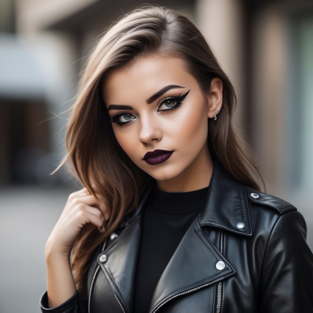 A stunning image of stylish girl in a leather jacket and bold eyeliner.