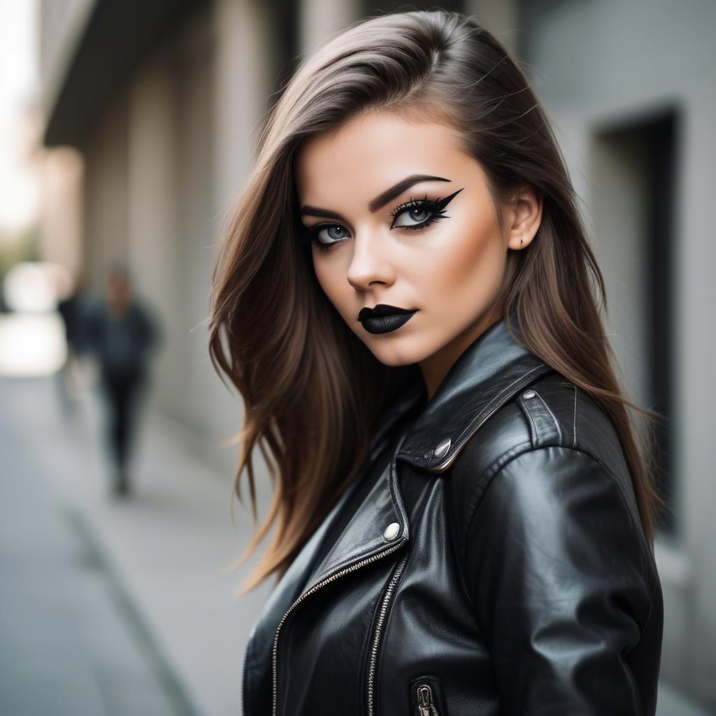 A stunning image of stylish girl in a leather jacket and bold eyeliner.