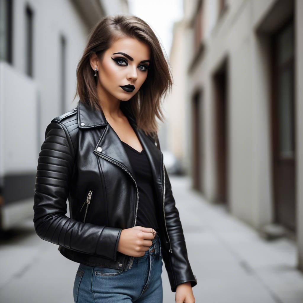 A stunning image of stylish girl in a leather jacket and bold eyeliner.