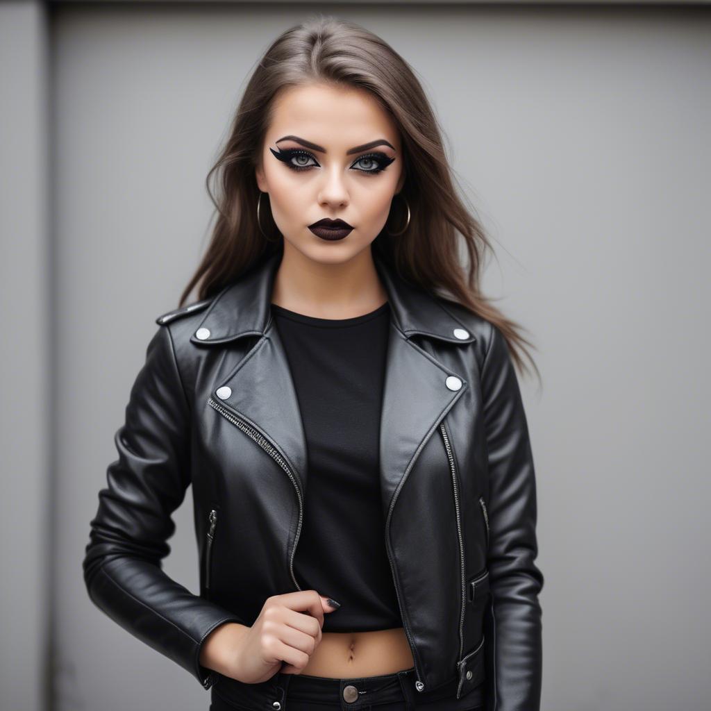 A stunning image of stylish girl in a leather jacket and bold eyeliner.