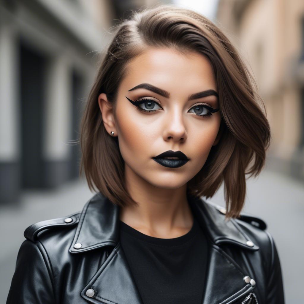 A stunning image of stylish girl in a leather jacket and bold eyeliner.