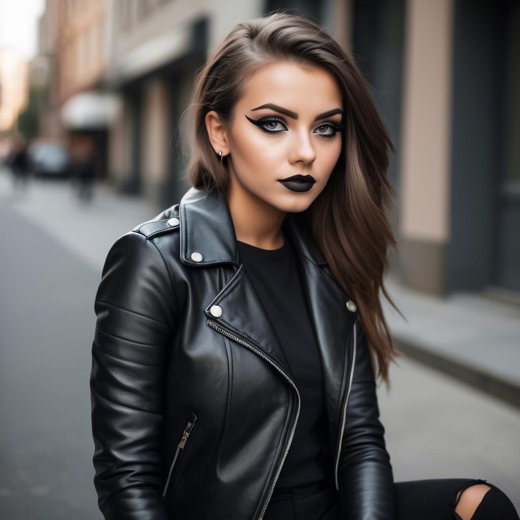 A stunning image of stylish girl in a leather jacket and bold eyeliner.