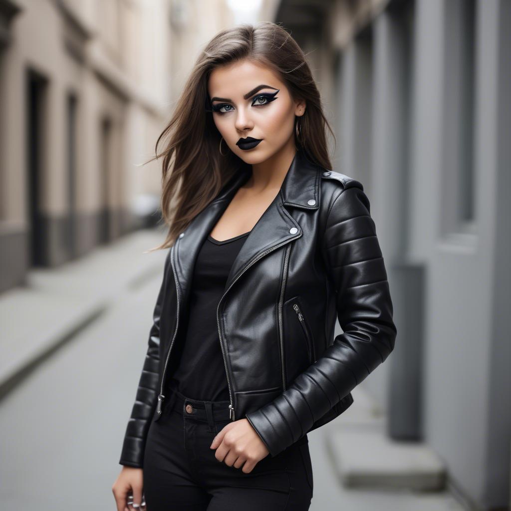 A stunning image of stylish girl in a leather jacket and bold eyeliner.