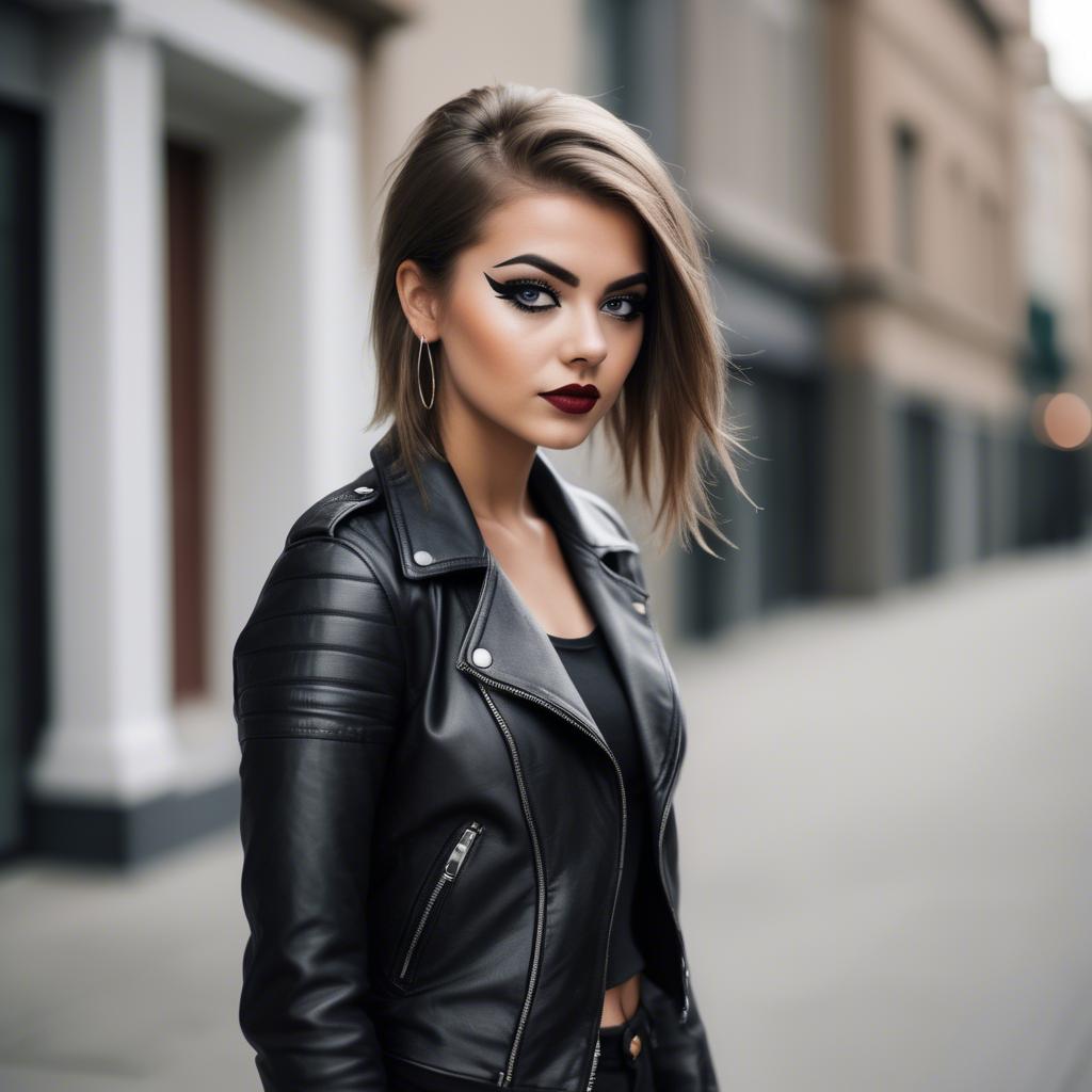 A stunning image of stylish girl in a leather jacket and bold eyeliner.