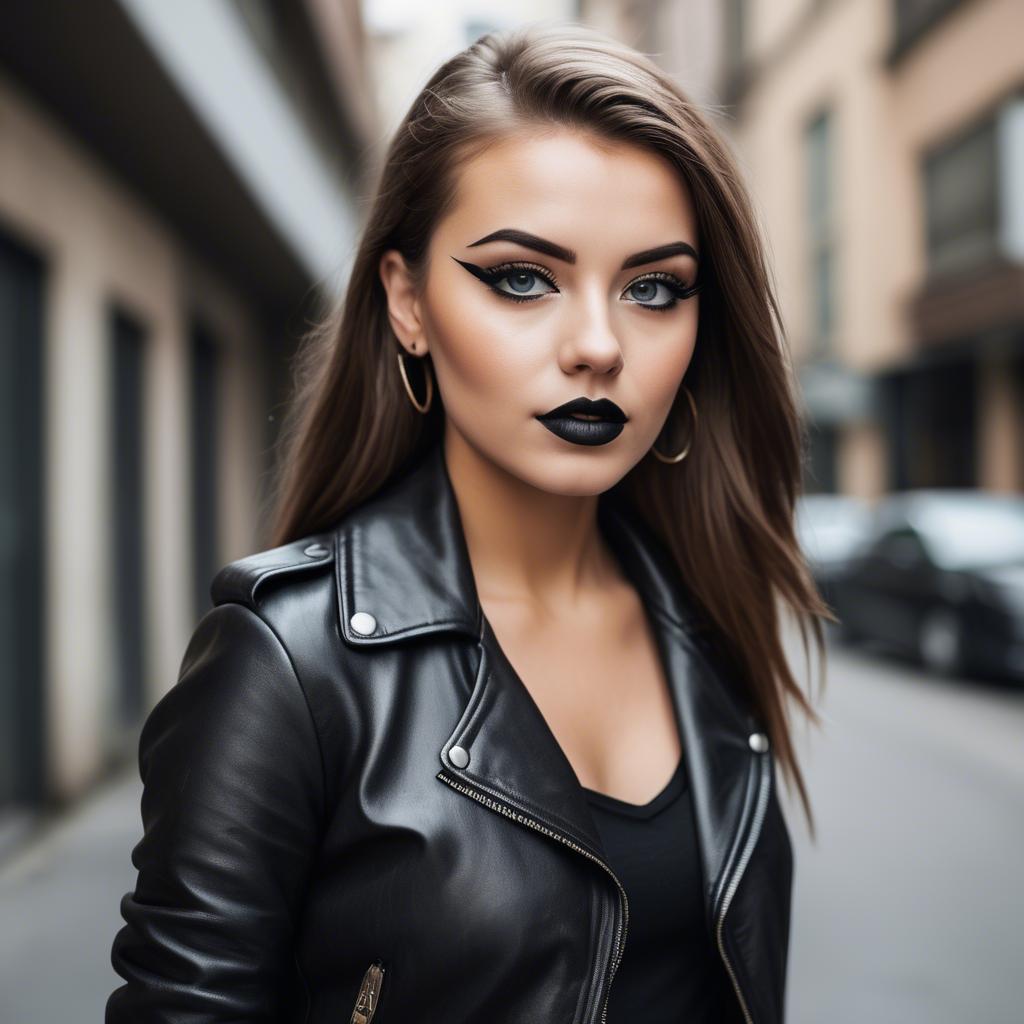 A stunning image of stylish girl in a leather jacket and bold eyeliner.