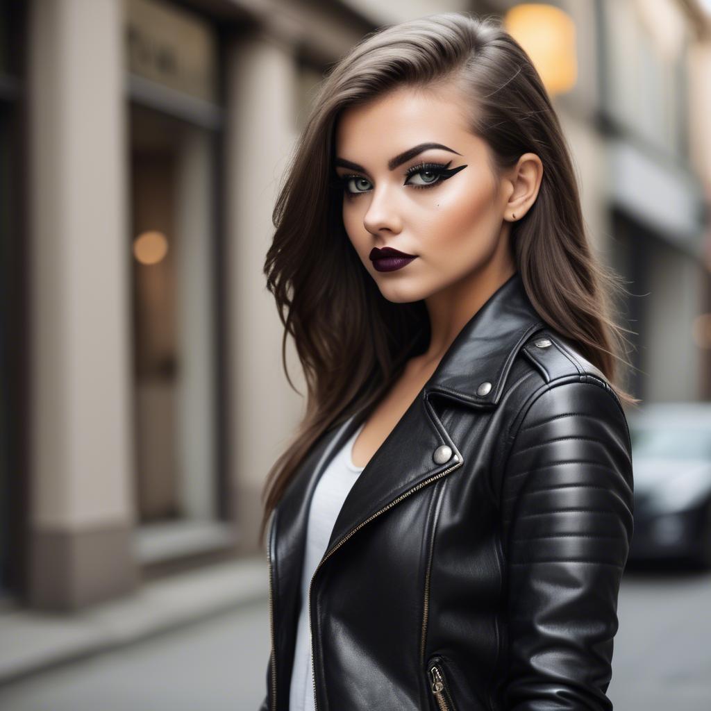 A stunning image of stylish girl in a leather jacket and bold eyeliner.