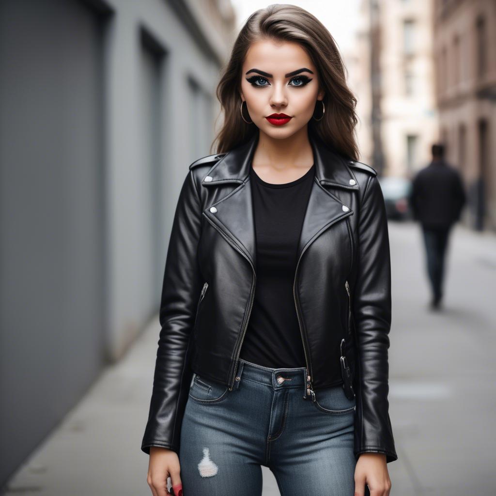 A stunning image of stylish girl in a leather jacket and bold eyeliner.
