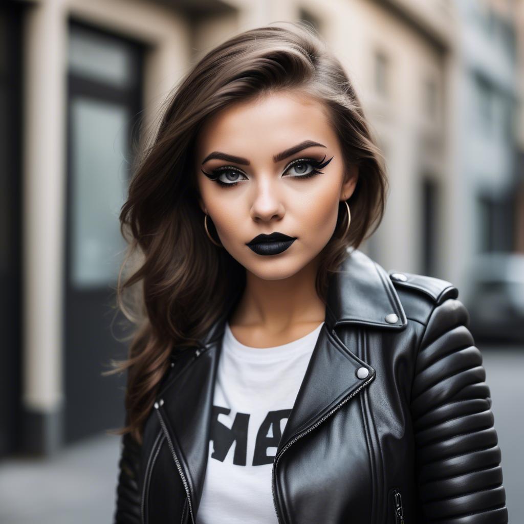 A stunning image of stylish girl in a leather jacket and bold eyeliner.
