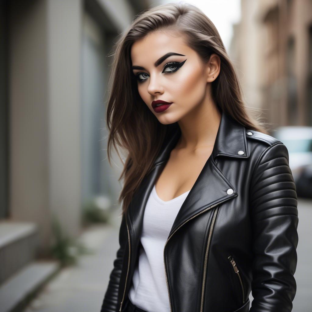 A stunning image of stylish girl in a leather jacket and bold eyeliner.