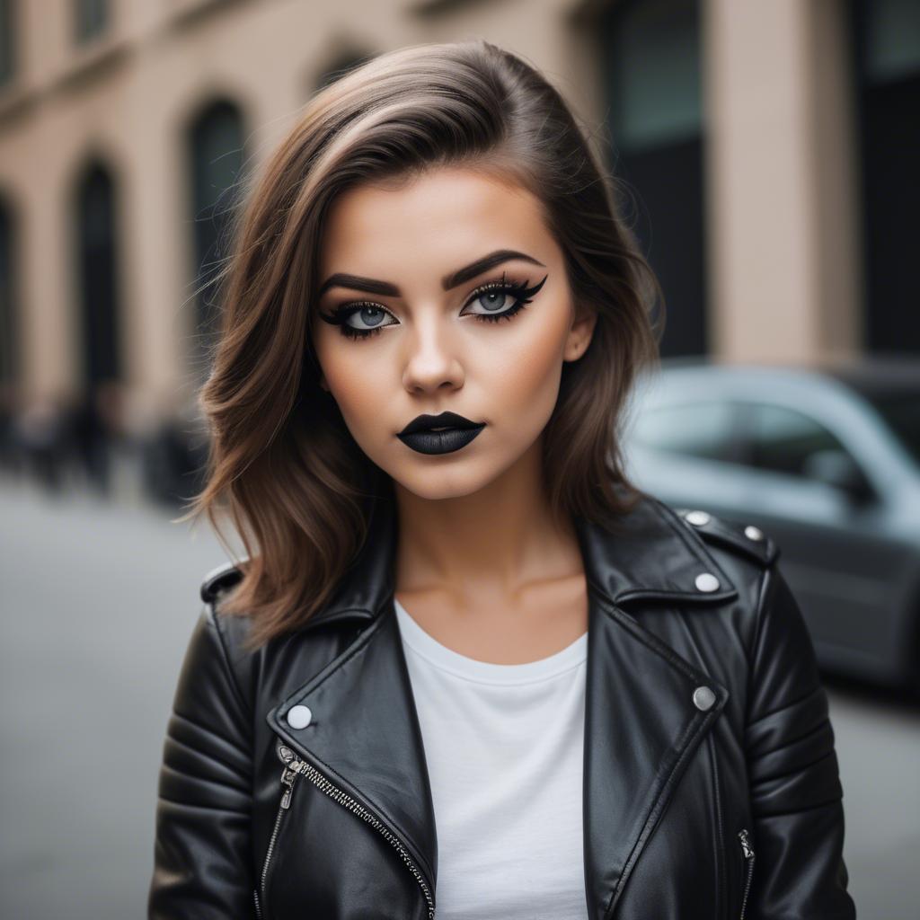 A stunning image of stylish girl in a leather jacket and bold eyeliner.