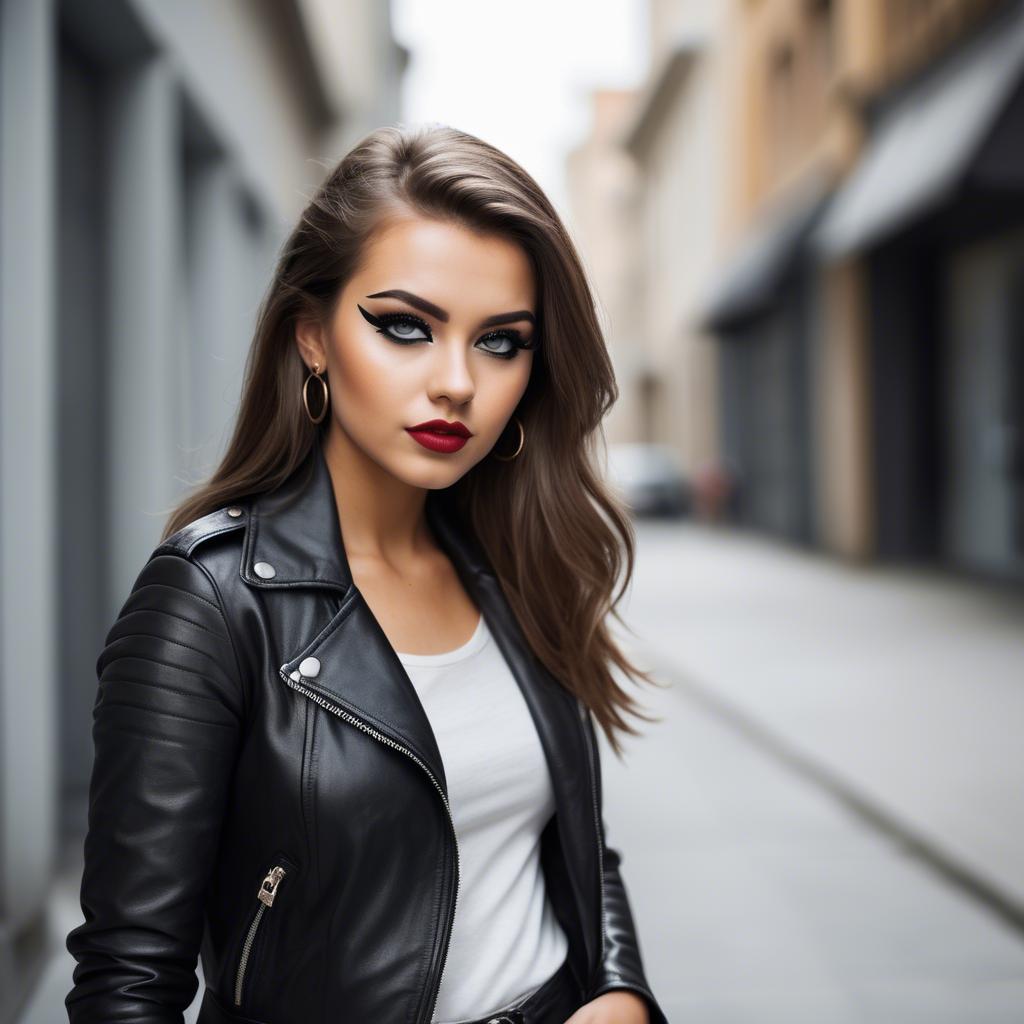 A stunning image of stylish girl in a leather jacket and bold eyeliner.